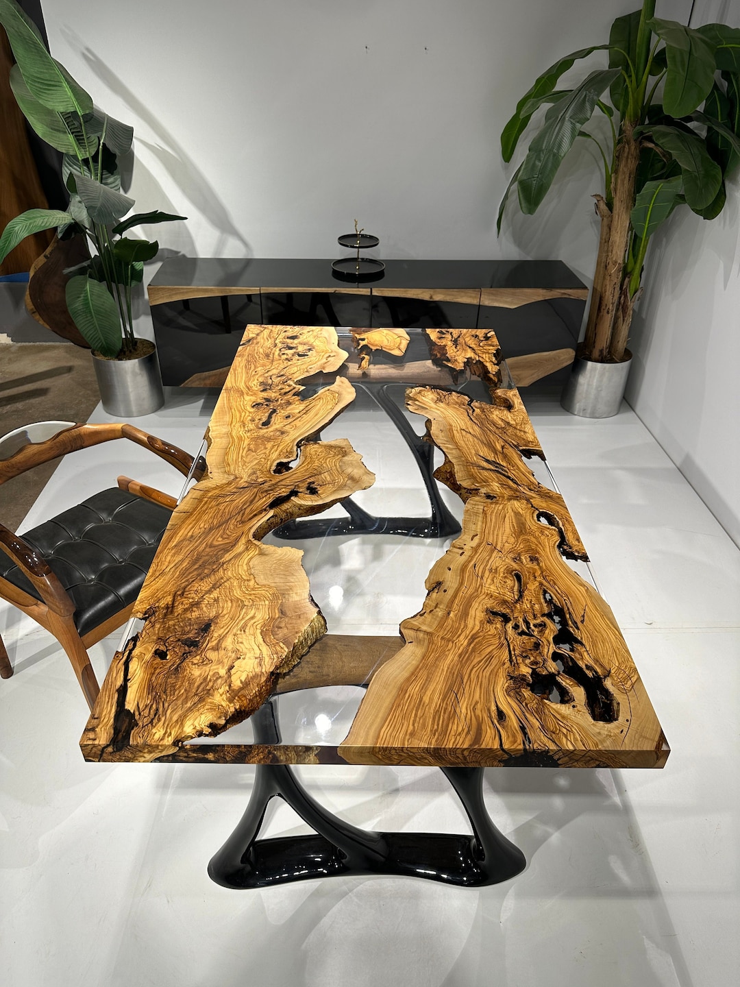 Custom Olive Wood Epoxy River Dining Table, Live Edge Resin Table