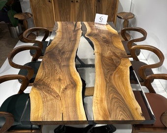 Walnut Epoxy River Dining Table, Live Edge Resin Table