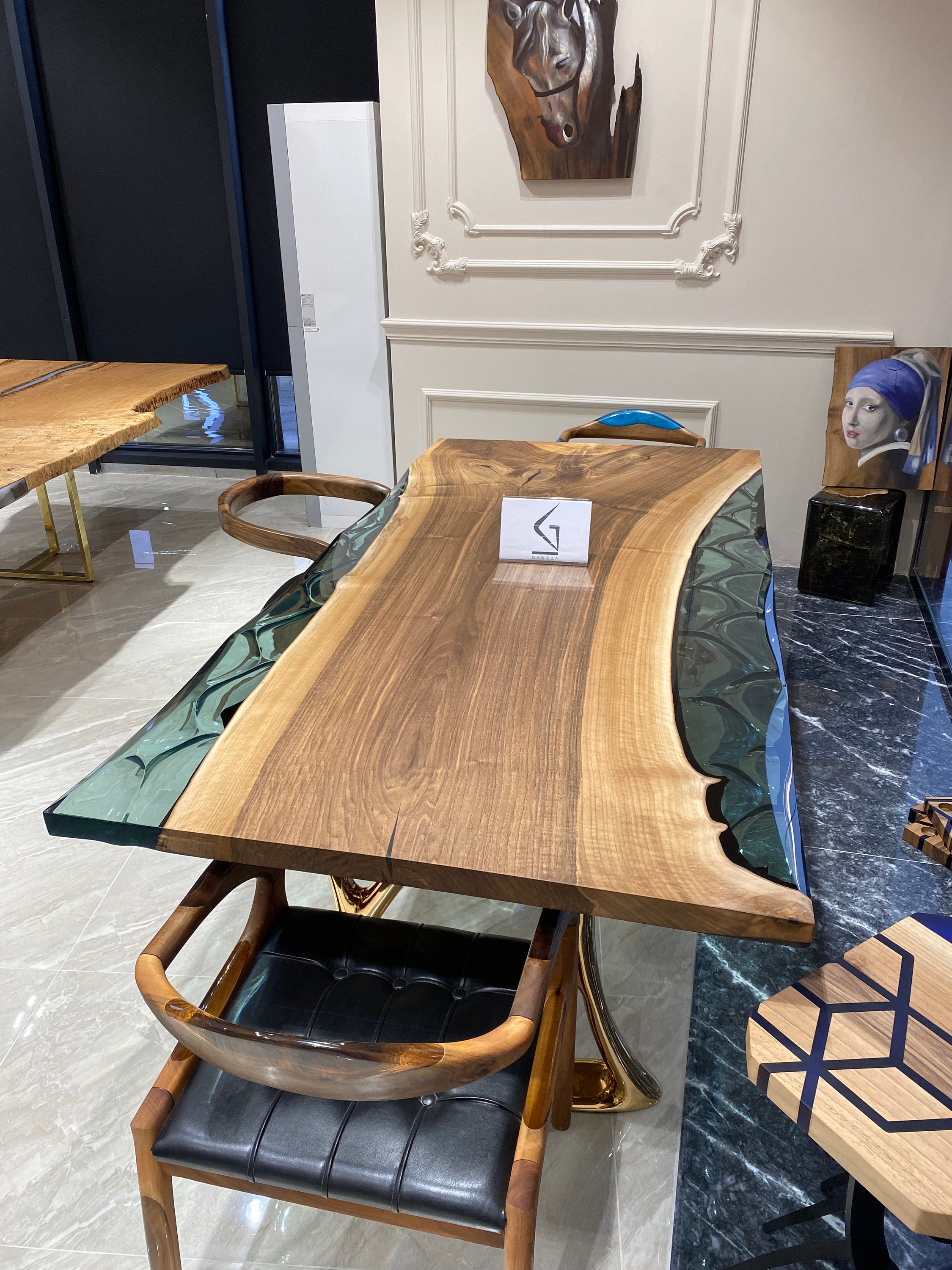 Custom Walnut Live Edge Epoxy Dining Table, Green Resin Kitchen Table ...
