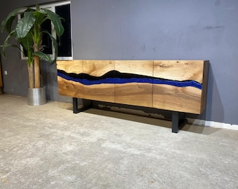 Handmade Custom Rustic Console, Epoxy Resin Tv Unit, Walnut Wood Sideboard,Black- Blue Epoxy Cabinet - Buffet Cabinet