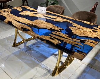 Custom Olive Wood Epoxy River Table, Blue Resin