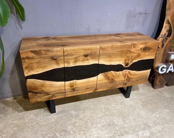 Handmade Walnut Wood Sideboard: Black Epoxy Resin River Console