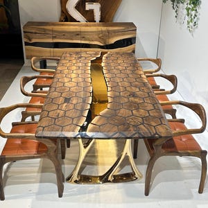 Custom Hexagon Resin Dining Table,Black Epoxy Wooden Meeting Table, Walnut Farmhouse Table Walnut Resin Desk Rustic Table