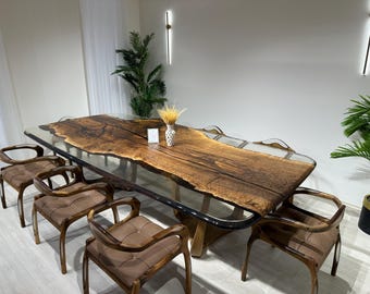 Nussbaum-Bürotisch, klarer Epoxy-Tisch, einzigartiger Tisch mit natürlicher Kante, Epoxy-Harz-Tisch, Epoxy-Harz-Tisch mit lebendiger Kante