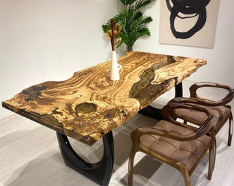 Chestnut Wood Live Edge Epoxy River Dining Table, Farmhouse Kitchen