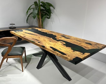 Custom Olive Wood Epoxy River Dining Table, Live Edge Resin Desk