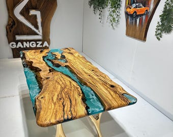 Custom Olive Wood Epoxy Resin River Table, Live Edge