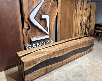 Handmade Rustic Walnut TV Stand, Black Epoxy Resin Media Console