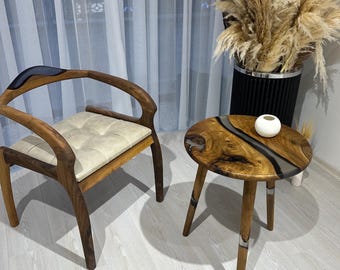 Handcrafted Walnut Wood Epoxy Side Table, Round Resin Coffee Table