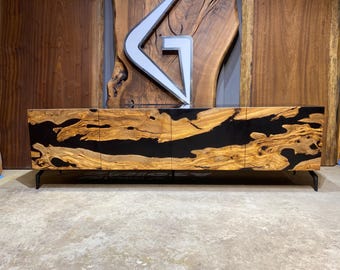 Custom Olive Wood Epoxy River TV Stand, Handmade Media Console