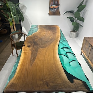Custom Walnut Dining Table, Green Epoxy Resin, Modern Farmhouse