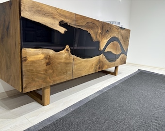 Handmade Walnut Wood Epoxy River Buffet Cabinet