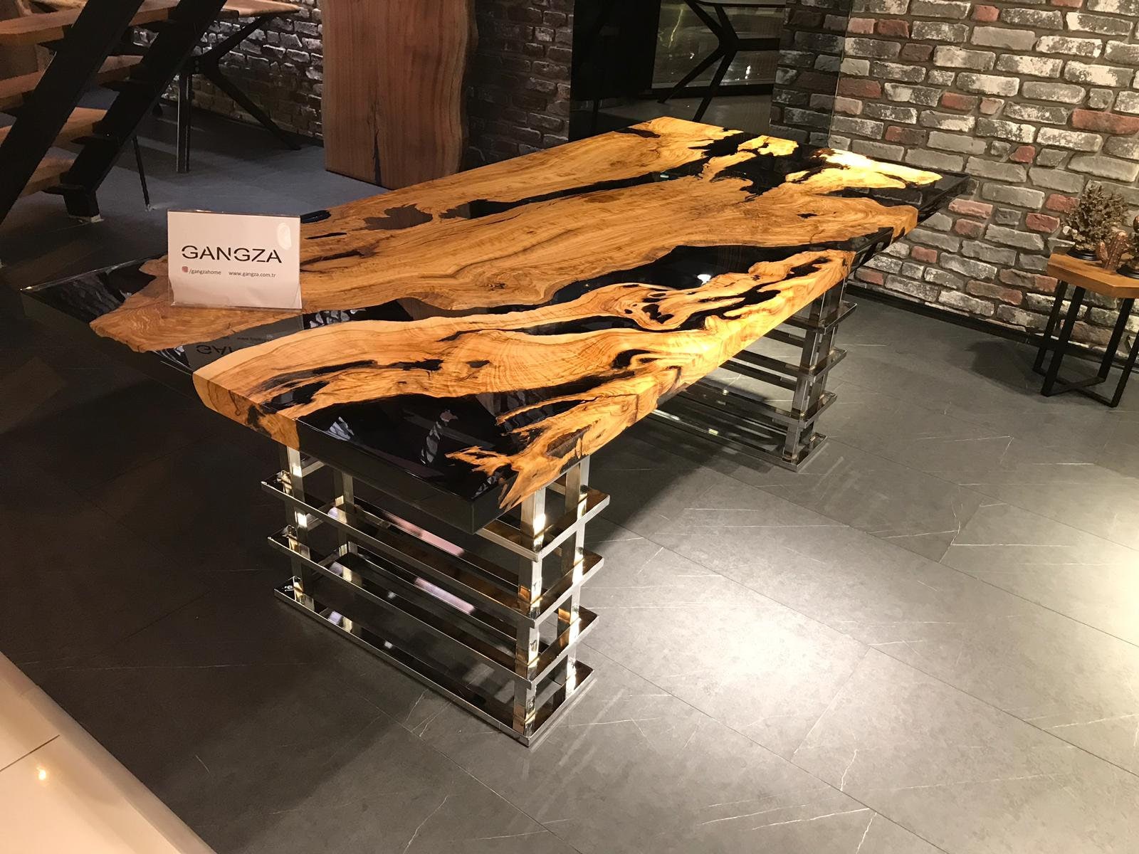 Madet to Order Olive Wood Epoxy River Table Top, Black Resin River