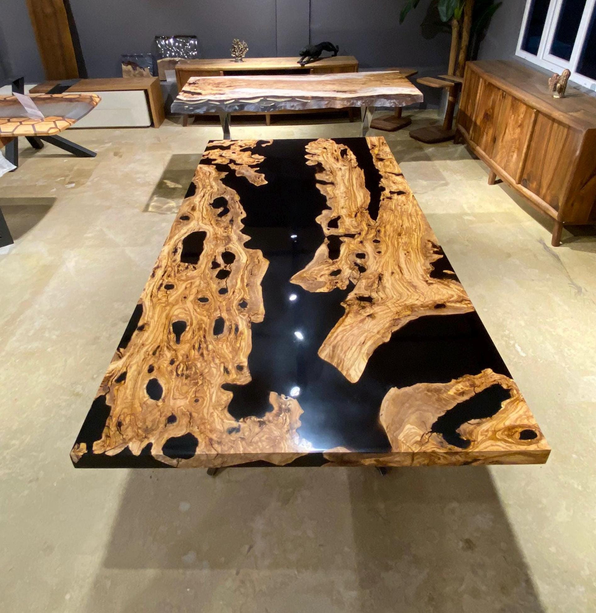 Custom Olive Dining Table, Black Epoxy River Table, Live Edge Kitchen Table, Resin River Table