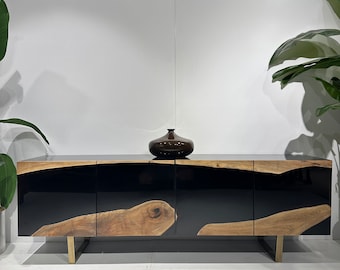 Custom Rustic Media Console, Epoxy Resin Tv Unit, Walnut Wood Sideboard,Black Epoxy Cabinet