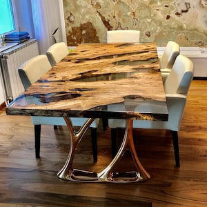 Custom Olive Wood Epoxy River Table, Live Edge Meeting Table