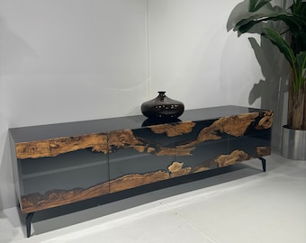 Custom Olive Wood Epoxy River TV Stand, Modern Media Console