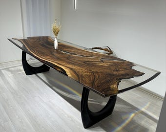 Live Edge Epoxidharz-Tisch, Konferenz-Esstisch aus Nussbaumholz