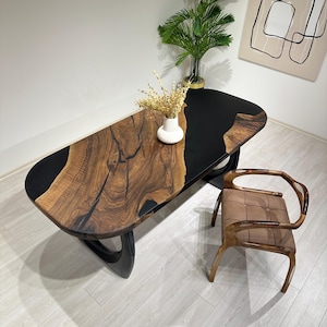 Walnut Epoxy Table, Black Epoxy Resin Table - Black River Dining Table - Handmade walnut wood table