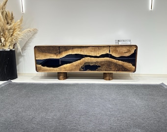 Handmade Walnut Wood & Blue Epoxy Console - Rustic TV Stand