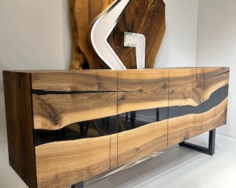 Handmade Custom Rustic Console, Epoxy Resin Tv Unit, Walnut Wood Sideboard,Black Epoxy Cabinet - Buffet Cabinet