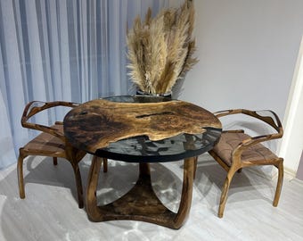 Custom Epoxy Resin Walnut Wood Dining Table - Live Edge Circle Tabletop