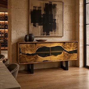 Console rustica su misura fatta a mano, unità Tv in resina epossidica, credenza in legno di noce, mobile nero epossidico