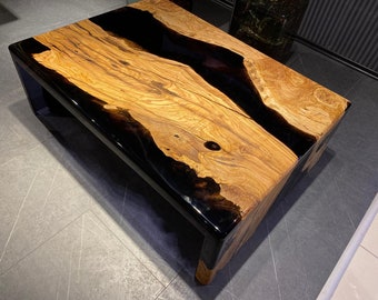 Luxury Walnut Epoxy River Coffee Table – Live Edge Custom Wood Table – Modern Living Room Statement Furniture