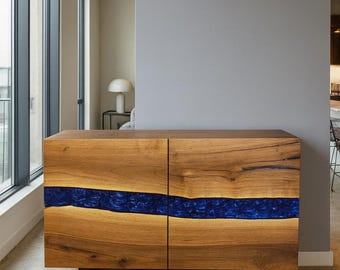 Handmade Custom Rustic Console, Epoxy Resin Tv Unit, Walnut Wood Sideboard,Blue Epoxy Cabinet - Buffet Cabinet