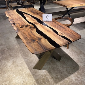 Custom Walnut Epoxy Dining Table, Live Edge Black Resin Desk  Office Table, Resin River Table