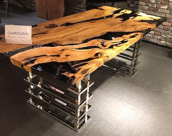 Custom Live Edge Dining Table, Olive Wood Epoxy Table,Epoxy Dining Table, Black Resin Olive Wood Table , Olive Epoxy Resin Table