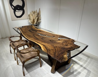 Handmade Walnut Wood Epoxy River Dining Table, Live Edge
