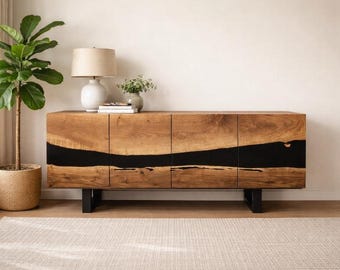 Handmade Walnut Wood Sideboard: Black Epoxy Resin River Console