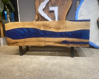Handmade Walnut Wood Epoxy Resin Console, Rustic Blue River Media Cabinet