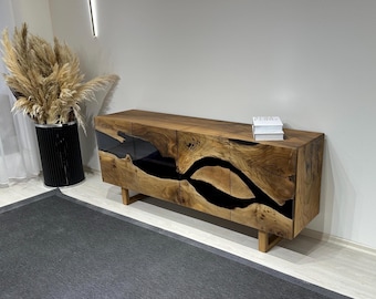 Handmade Walnut Wood Epoxy River Buffet Cabinet
