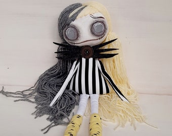 Rag doll Jacqueline, cloth doll striped dress Jacqueline, creepy cute rag doll inspired from fairy tales