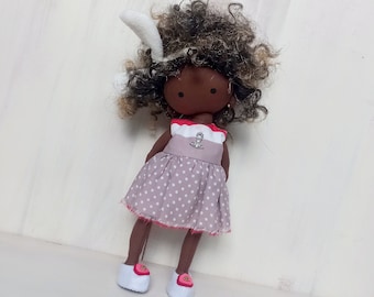 cloth doll dark skin, rag doll black, textile doll brown dress polka dot