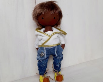 Cloth doll boy dark skin, african american boy textile doll, rag doll african american boy