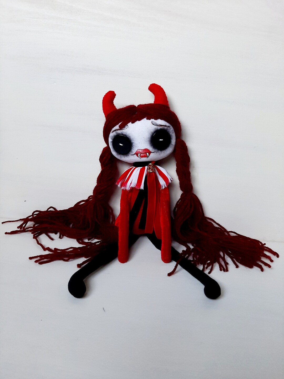 Rag Doll Devil in Red Dress With Red Pigtails, Fabric Devil Doll With