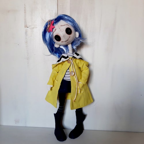 doll with button eyes coraline doll inspired rag doll in a yellow coat cloth doll blue hair .br doll with button eyes coraline doll inspired rag doll in a yellow coat cloth doll blue hair .br