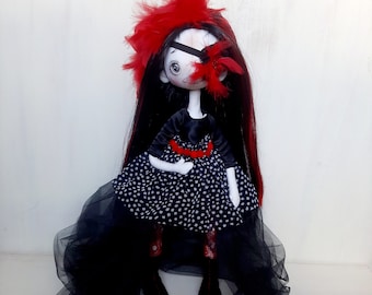 Rag doll goth in a black dress, fabric doll victorian style, beautiful gothic OAK doll art doll