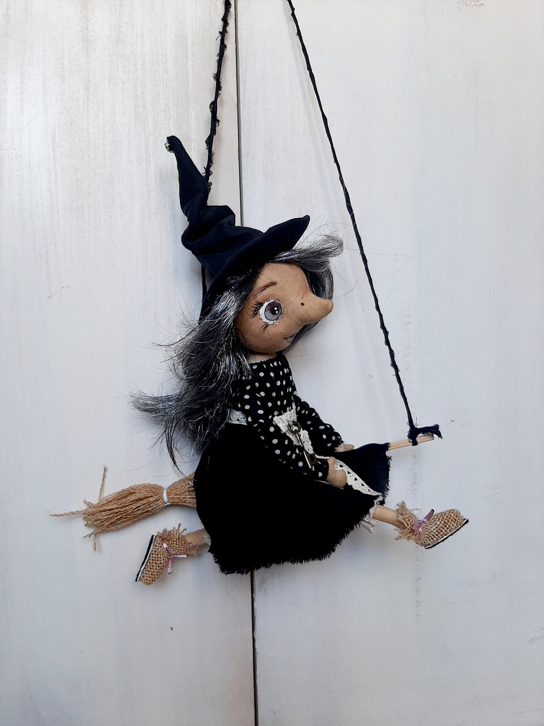 Rag Doll Witch on a Broomstick, Fabric Witch Doll for Home Decor