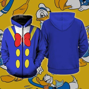 A hooded blue jacket with a cartoon duck design, featuring a red bow tie and yellow duck-like shapes on the chest area.