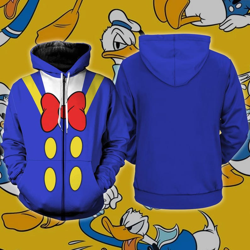 A hooded blue jacket with a cartoon duck design, featuring a red bow tie and yellow duck-like shapes on the chest area.