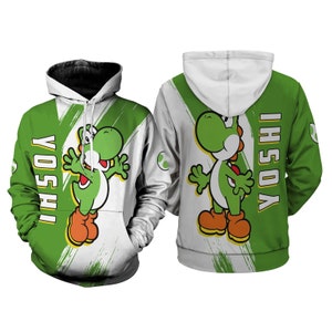 Happy Yoshi Custom Name Full Over Print 3D Hoodie, Super Mario Yoshi Cosplay Sweatshirt Hoodie, Mario Bros Video Game Sweatshirt Hoodie