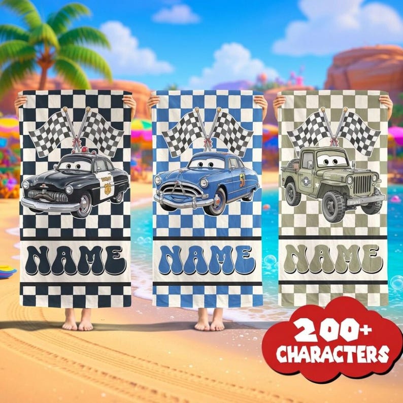 Disneyland Cars Lightning McQueen Strandtuch, Pixar Cars Strandtuch, Benutzerdefinierter Name Familienurlaub Handtuch, Disneyland Familie Passendes Handtuch Bild 1