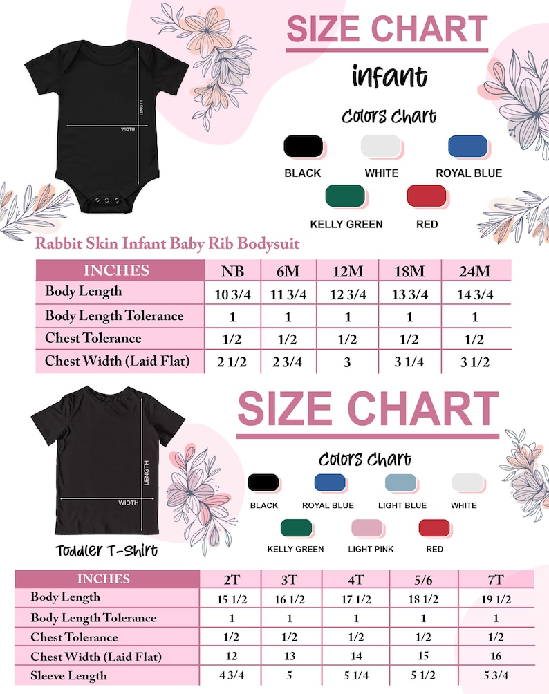 the size chart for a baby's bodysuit