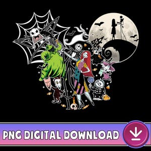 May include: A black graphic featuring characters from The Nightmare Before Christmas. The design includes Jack Skellington, Sally, Oogie Boogie, Zero, and other characters, set against a full moon and a spiderweb background. The text "PNG DIGITAL DOWNLOAD" is at the bottom.
