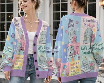 Cardigan con elefante e maialino, maglione di lana per insegnanti di lettura, cardigan per bibliotecari, maglione per amanti dei libri, completo per il ritorno a scuola, simpatico regalo per bibliotecari