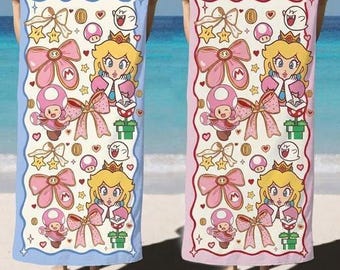 Linda toalla de playa de la Princesa Peach, con estampado de setas y lazos rosas inspirados en Mario, toalla para amantes de los dibujos animados, regalo para amantes de los videojuegos, toalla de verano para aficionados a los videojuegos.
